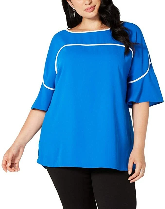 Alfani 2589 Plus Size 2x Royal Blue Textured Blouse Top Piped Flutter
