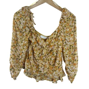 ASTR The Label Women's Top Yellow Floral Ruched Long Sleeves Cottagecore Size M - Picture 1 of 10