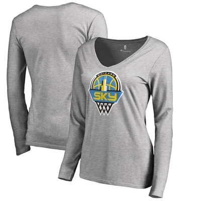 Women's Heathered Gray Chicago Sky Primary Logo Long Sleeve V-Neck T-Shirt - Image 1 of 3