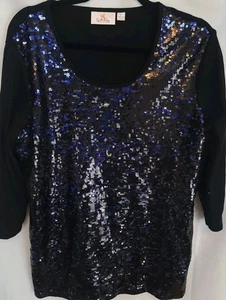 Quacker Factory Black Knit Top Pullover Full Front Sequin Party Size Large new - Picture 1 of 3