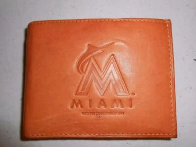 NEW MLB Miami Marlins Mens Adult Leather Bi-Fold Tan Wallet - Image 1 of 4