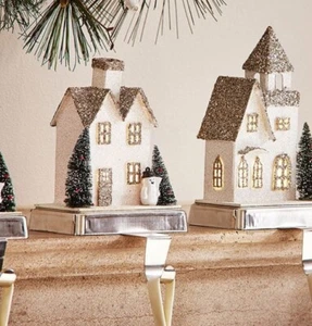 Pottery Barn ~LIT GERMAN GLITTER VILLAGE CHURCH~ Stocking Holder CHRISTMAS House - Picture 1 of 6