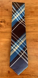 Geoffrey Beene 100% Silk Plaid Narrow Blue White Tartan Tie - Picture 1 of 5