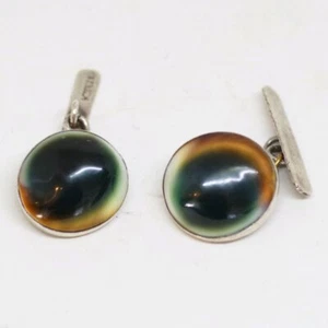 Silver-Mounted Operculum Brown and Green Silver Cufflinks - Picture 1 of 1