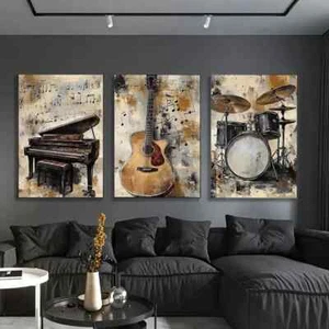 3pcs Vintage Musical Instruments Canvas Unframed - Foto 1 di 8