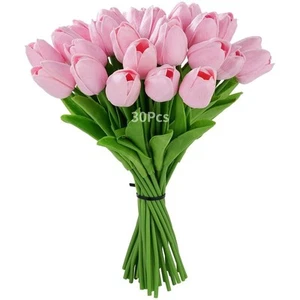 30 PCS Artificial Tulips Flowers Fake PU Tulip Stems Real Touch Faux Light Pi... - Picture 1 of 6