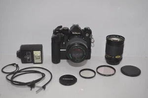 Nikon FE Black 35mm SLR Camera 70-210mm 28-80mm Motor Drive Flash Film Tested - Picture 1 of 10