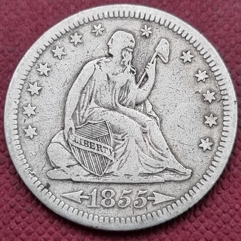 1855 Seated Liberty Quarter 25c Better Grade VF + #57488 Cover