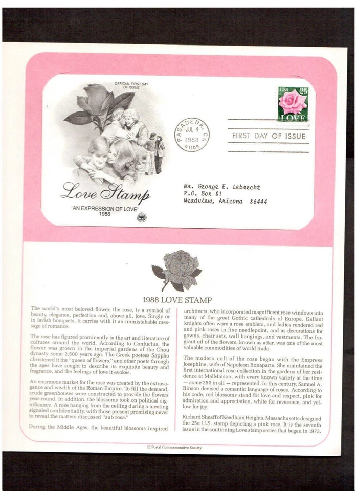Postal Society First Day Cover FDC stamp # 2380 25 cent LOVE ROSES 1988 - Image 1 of 1