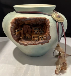 Adobe Moon Native American Pueblo UNIQUE Relief Design Green Vase Signed 7.5" - Picture 1 of 12