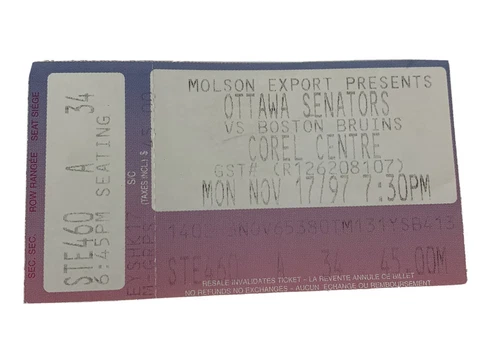 Ottawa Senators Game Tickets Stub Vs Boston Bruins November 1997 Cover