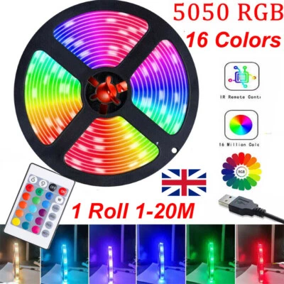 1-20M LED Strip Lights 5050 RGB Colour Changing Tape Cabinet Kitchen TV Lighting - Image 1 of 4