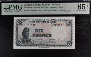 1957 Belgian Congo Ruanda-Urundi Central Bank 10 Francs Banknote P30b Unc 65 EPQ - Picture 1 of 2