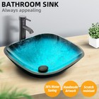 Bathroom Vessel Sink Tempered Glass Basin Bowl Top Faucet Pop up Drain Combo New