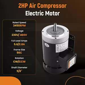 Compressor Duty Motor 2HP Electric Motor TEFC 3 Phase 5/8" Shaft 3450RPM CW/CCW - Picture 1 of 12