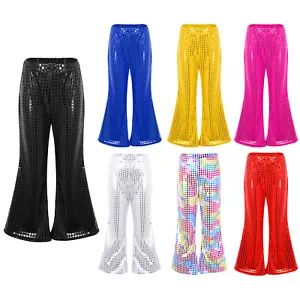 Kids Girls Shiny Sequins Flared Pants Modern Jazz Hip Hop Street Dance Trousers - Picture 1 of 68
