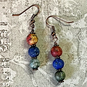 Fall Autumn Distressed Stacked Earrings. Copper Tone. Orange. Green. Blue. S134 - Picture 1 of 2