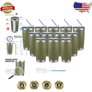 Durable Insulated Travel Coffee Cup with Lid & Straw, 12 Premium Mugs Army Green - Picture 1 of 9