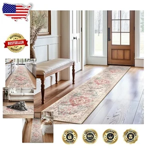 Alfombra vintage rosa 2'x10' - Corredor resistente a las manchas para entradas y salones - Imagen 1 de 11