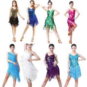 Women Sequins Tassel Latin Dress Samba Tango Ballroom Dance Dress Stage Costume - Picture 1 of 56