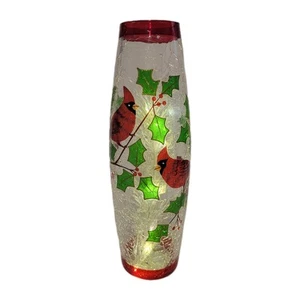 Decorative LED Lighted Crackle Glass Vase Lamp~Cardinals & Holly~Christmas~12" - Picture 1 of 9