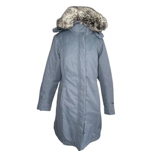 MARMOT Gray Chelsea Parka Coat Women's Size Large 700 Down Fill Fur Hood Trim - Picture 1 of 7
