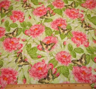 Cotton Fabric 7/8 Yard Pink Roses Butterfly Green Paisley on White #B PC - Image 1 of 2