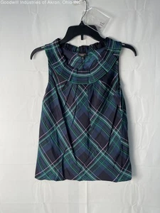 NWT Talbots Green And Blue Plaid Women's Ruffle Neck Tank Top, Sz. 4P - Picture 1 of 3