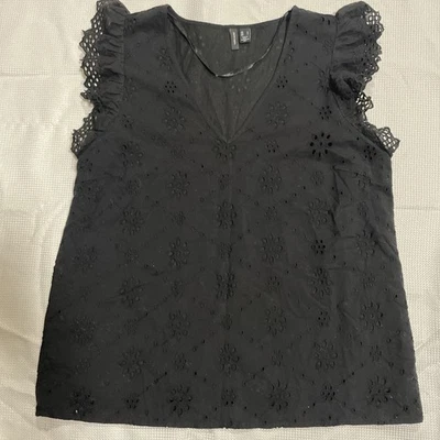 Top Vera Moda Negro Algodón Bordado Inglés Talla L Forrado Verano Manga Corta Foto 1 de 4