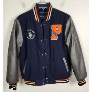 U.S. Polo Assn. Teen Sz. 14/16 Orange/Navy Wool & Faux Leather Varsity Jacket - Picture 1 of 9
