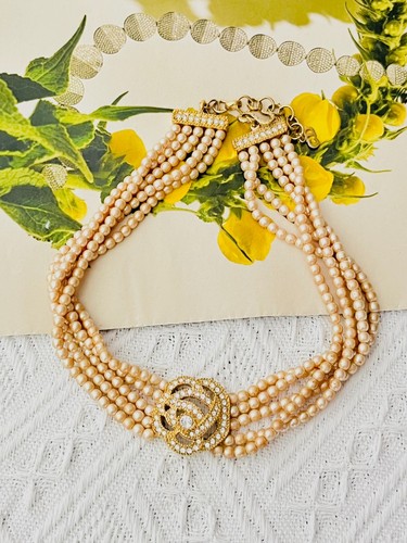 Collana Christian Dior Vintage Cristalli di Rosa Perle Traforate Cinque Strati Girocollo