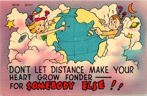 Don't Let Distance Make Your Heart Grow Fonder Humor Love Linen Postcard - Picture 1 of 2