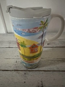 Ceramic Jumbo Travel Mug With Lid By Cypress Beach. Beach House Vacation Ocean - Picture 1 of 6