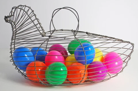 Vintage Decorative Wire Basket Shaped As A Chicken With 13 Plastic Eggs Cover