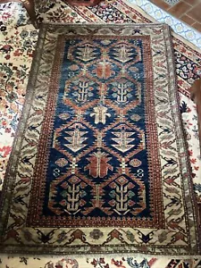 Tappeto annodato a mano stile Heriz 40 x 63 blu ruggine marrone chiaro beige tribale - Foto 1 di 11