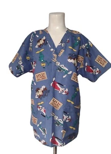 Vintage 1998 Looney Tunes Scrub Top Size M Medical Pockets Bugs Bunny Taz Daffy - Picture 1 of 6