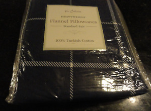 2 new heavy Flannel Pillow Cases Buffalo PLAID dk navy blue white Turkish cotton