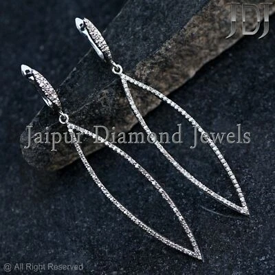 Natural Pave Diamond Marquise Dangle Earrings Gold 925 Silver Handmade Jewelry - Image 1 of 4