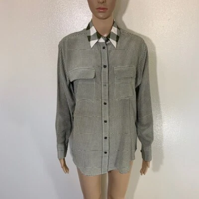 Blusa Equipment Mujer Verde Blanco Cuadros Seda Botón Manga Larga Usada en Excelente Condición Xs Foto 1 de 4