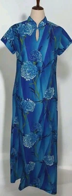 Antigo Vestido Havaiano Anos 60 Azul Floral Liberty House Polinésio Aloha Maxi Cheongsam - Imagem 1 de 4