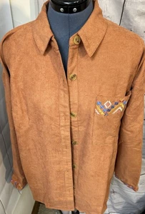 NUEVO CON ETIQUETAS Umee Mujer Camisa Pana Grande Pequeña Marrón Diseño Azteca - Imagen 1 de 8
