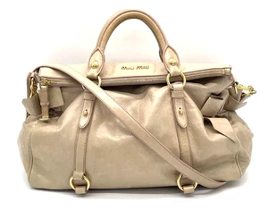 Miu Miu VITELLO LUX 2way Shoulder Hand Bag Side Ribbon Beige Leather Authentic - Picture 1 of 20
