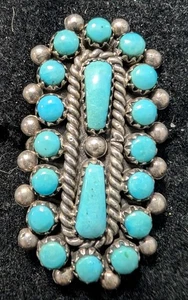 Vintage Zuni Ster. Silver Petit Point Turquoise Woman's Ring 1-5/8" x 3/4" sz 7 - Picture 1 of 5