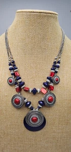 Rubin Rd Doppel Strang Rot Blau & Silber Faux Perle Perlen Halskette 18"L - Bild 1 von 7