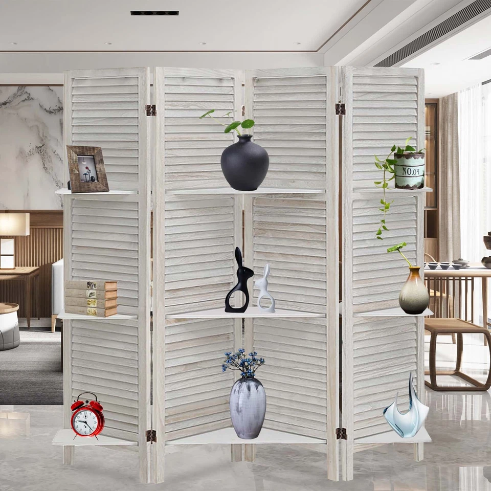 4 Panel 5.6FT Wooden Room Divider Folding Privacy Screen Partition W/ Shelves  - Image 1 of 4