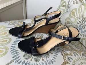 IVANKA TRUMP Women's Black Leather Wedge Heels Shoe Size 10M Gold Accents - Picture 1 of 6