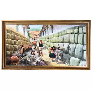 Cusco Peru, Alpacas, Original Oil on Canvas, Framed, Signed, Hatunrumiyoc Palace - Picture 1 of 19
