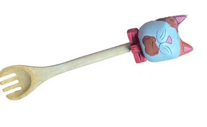 Wooden Cooking Large Fork with Wood Orange & White Cat Head Topper - Picture 1 of 8