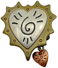 VTG Avon Abstract Spiral Glyph Three Tone Heart Pendant Brooch Pin Dangle Charm
