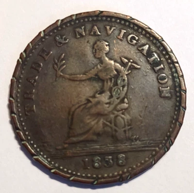 1838 Antique Vintage Trade & Navigation Old Penny Coin  - Image 1 of 2